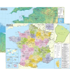 France ; carte murale administrative et physique, avec barres 1 : 1 500 000