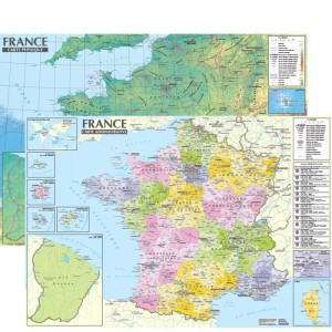 France ; carte murale administrative et physique, poster 1 : 2 200 000
