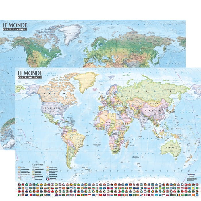 Monde ; carte murale politique et physique, avec barres 1 : 21 500 000 ExpressMap